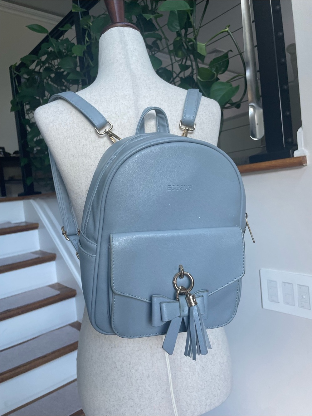 ECOSUSI Light Blue Mini Backpack with Tassel Bow Accent